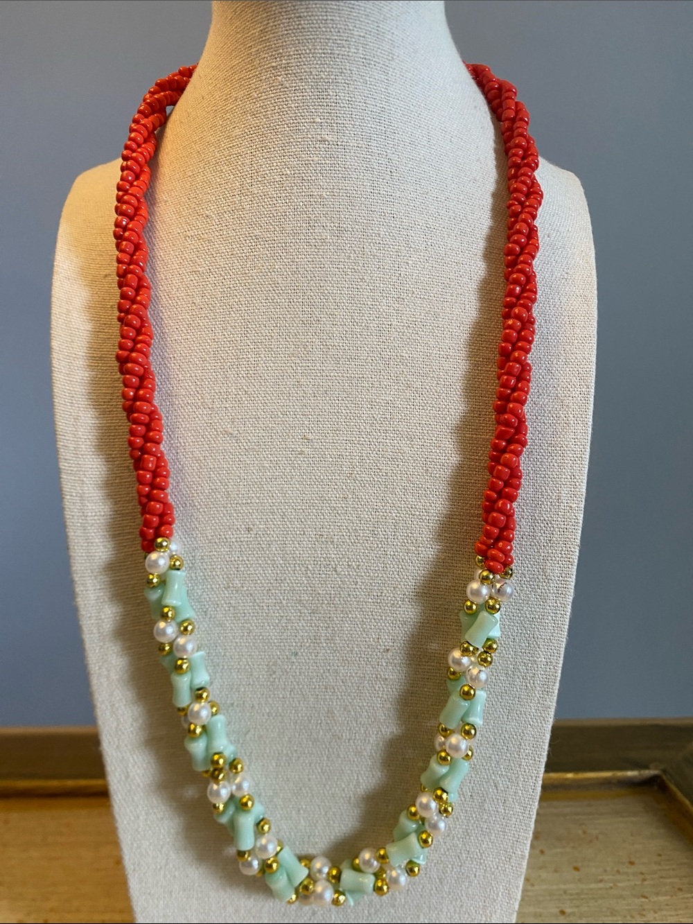Vintage Multi Strand Red Green Faux Pearl Beaded Necklace 25”